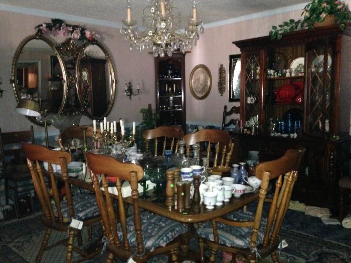 Mirrors, china, dishware, candelabras, dining table, china cabinet, corner cabinets