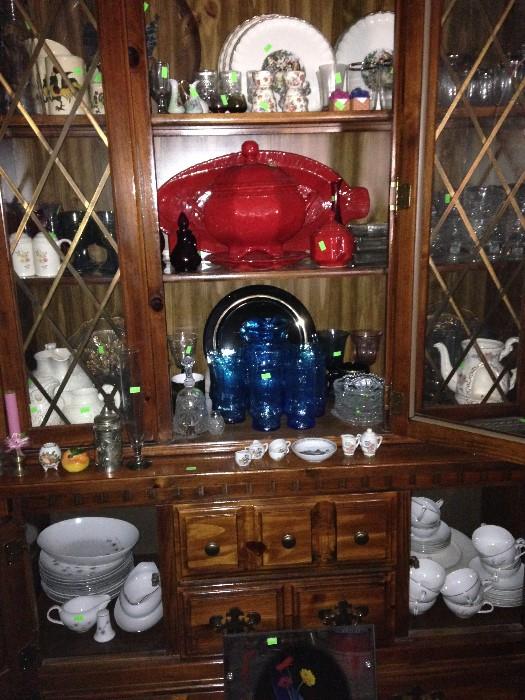 Red Italian dishes, blue glass, china