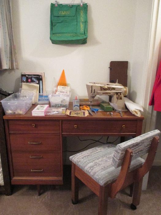 Very Nice Singer Slant Sewing Machine With Desk And Chair, In Working Condition With Attachments.