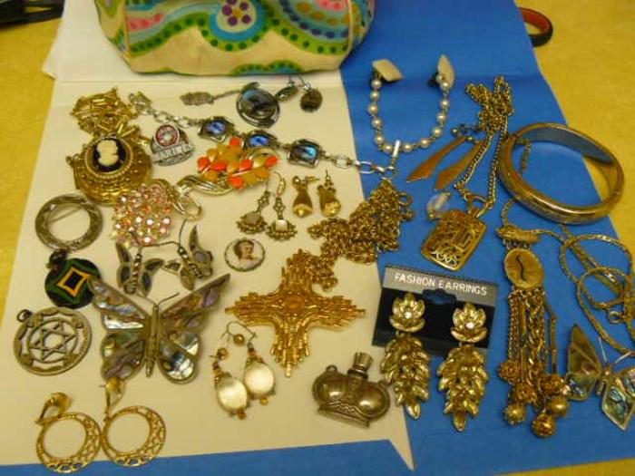 vintage 60s-70s, coin carving, sweater guard, plastic cameo locket,  Matchebelli (?) perfume w/dauber, topaz, pendants, portrait piece marked Limoges, abalone butterflies, more not pictured.