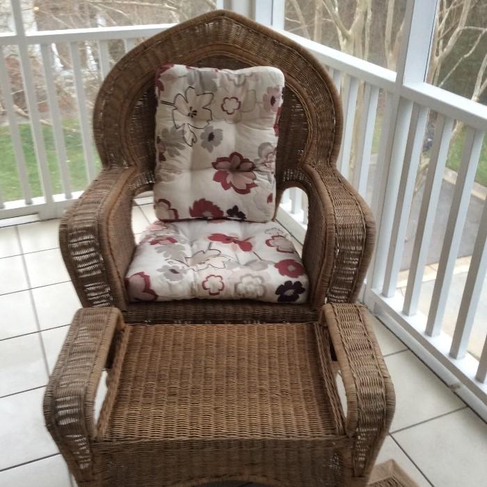 Wicker all weather fan chair, ottoman and cushions