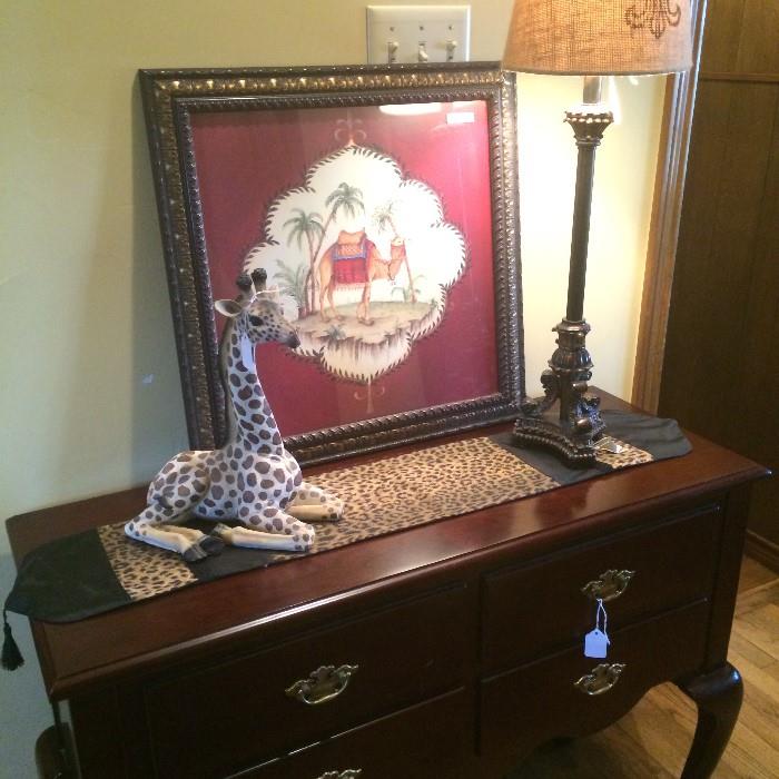 Queen Anne style file cabinet (top opens); giraffe figure; 1of the many runners, lamps & framed pictures 