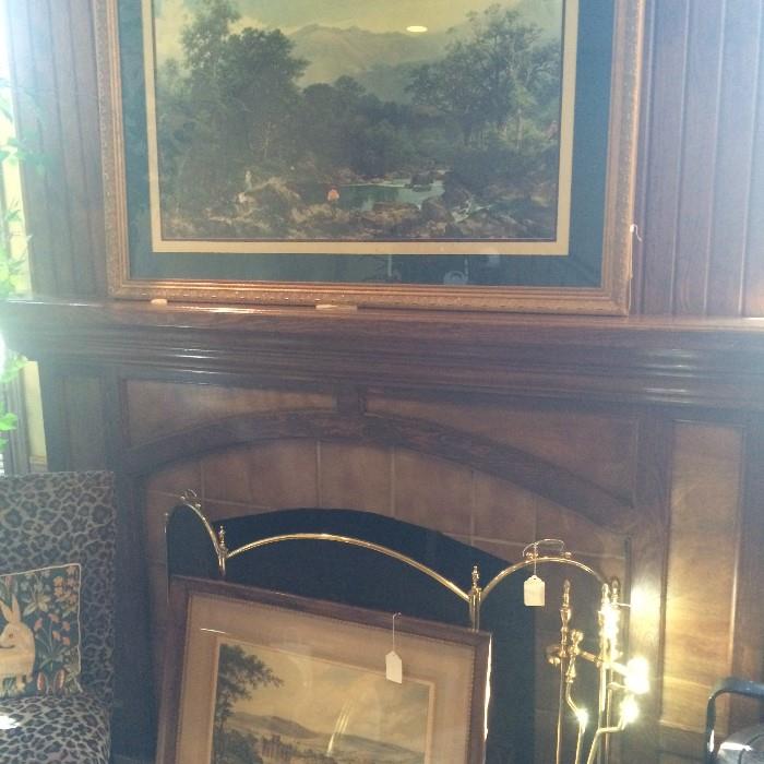    Great variety of framed art; fireplace screen & tools