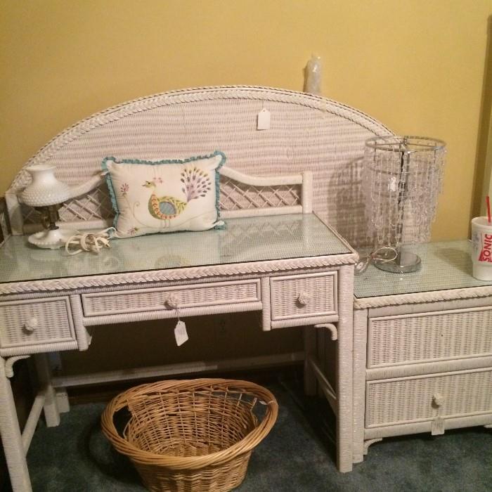      White wicker full headboard, desk, & nightstand