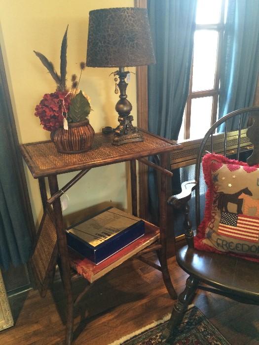         Vintage rattan side table; Windsor rocker