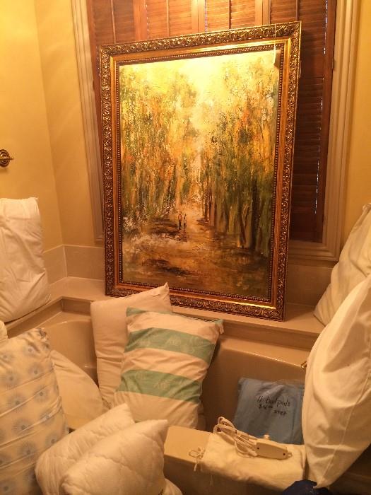                Framed art; variety of pillows