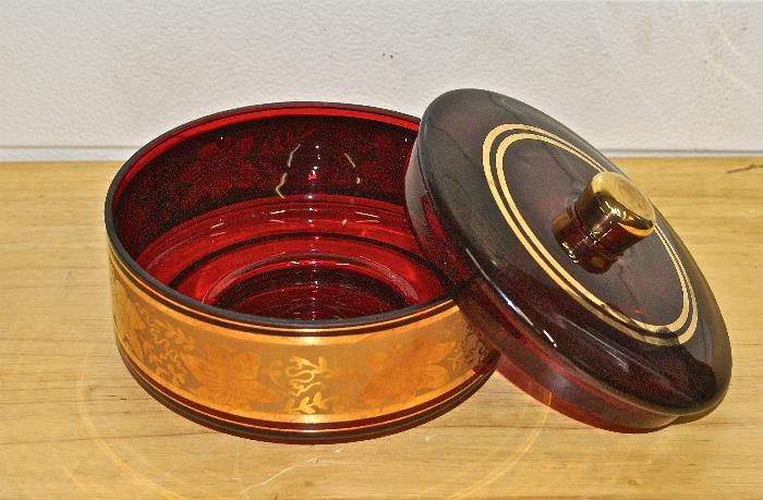 Ruby Red Glass & Gold Trim Glass Covered Bowled