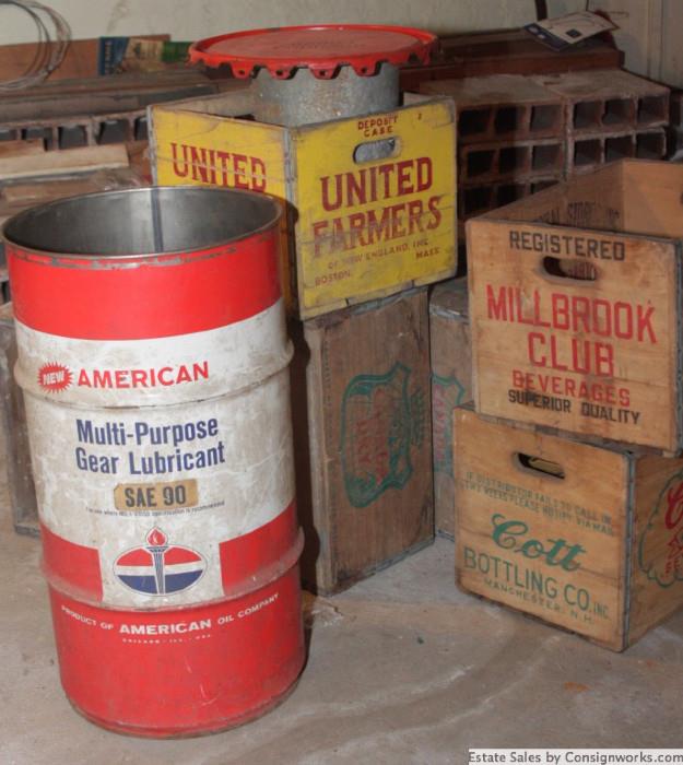 Wood crates, metal American Oil barrel with lid