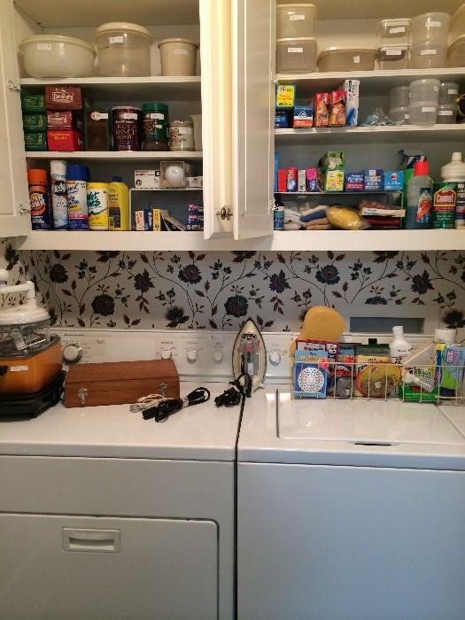 KitchenAid washer & dryer; many cleaning supplies; iron; Tupperware