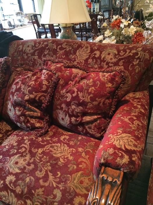    Exceptional oversized like-new sofa & loveseat with carved wood