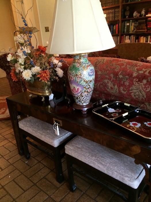 Oriental sofa table with small benches; one of several lamps