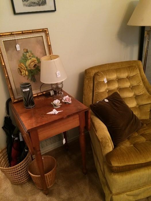 Drop leaf side table; gold chair; 1 of several floor lamps