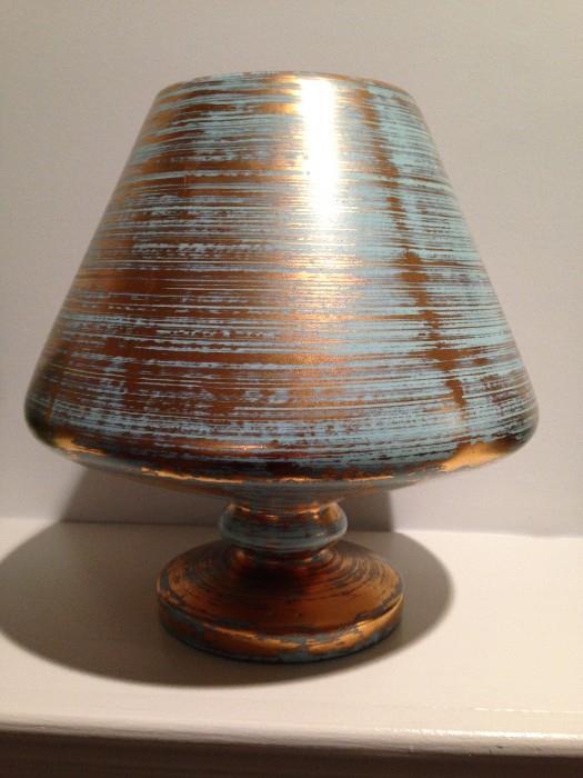Super cool mid-century modern Haegar turquoise and gold vase in large size 