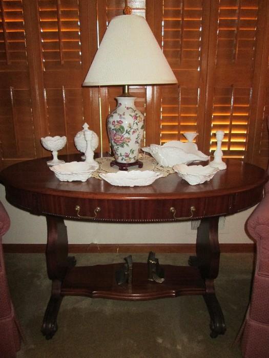 Vintage oval mahogany table, misc. milk glass pieces