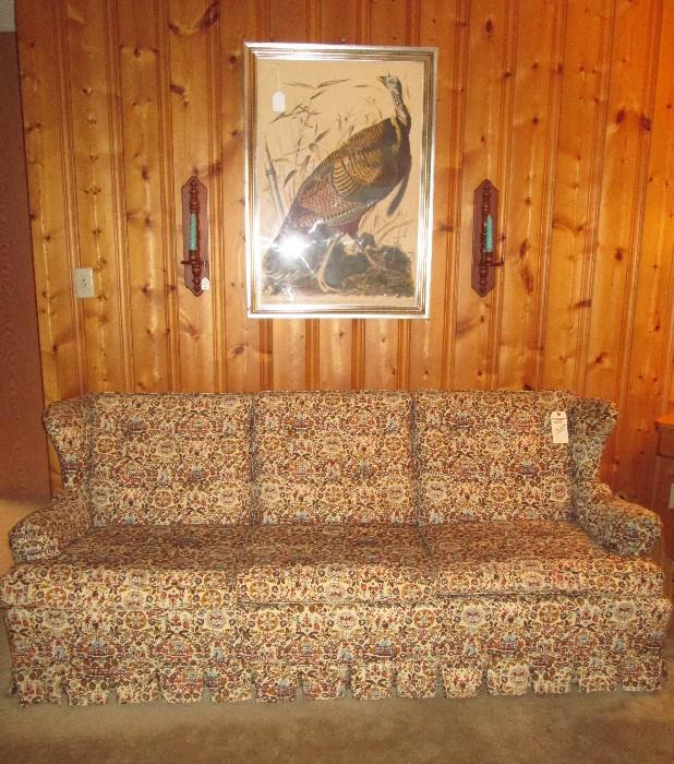 Pennsylvania House sofa, Audubon hand colored engraving R. Havell, Plate I Wild Turkey