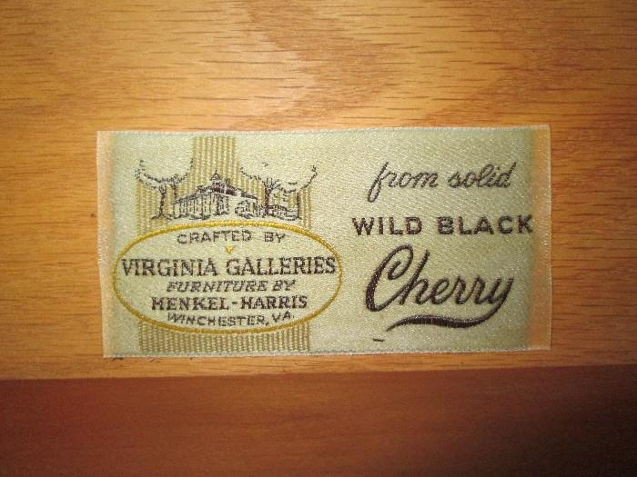 Label in drawer of Henkel-Harris Wild Black Cherry Queen bedroom suite