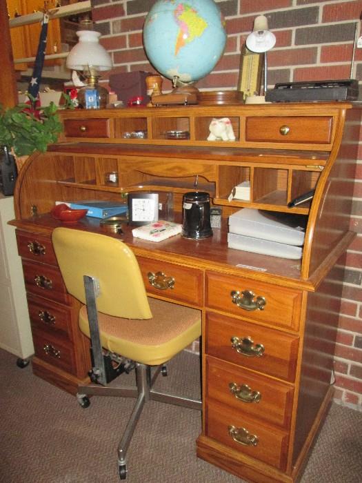 Newer roll top desk, rolling desk hair, office supplies