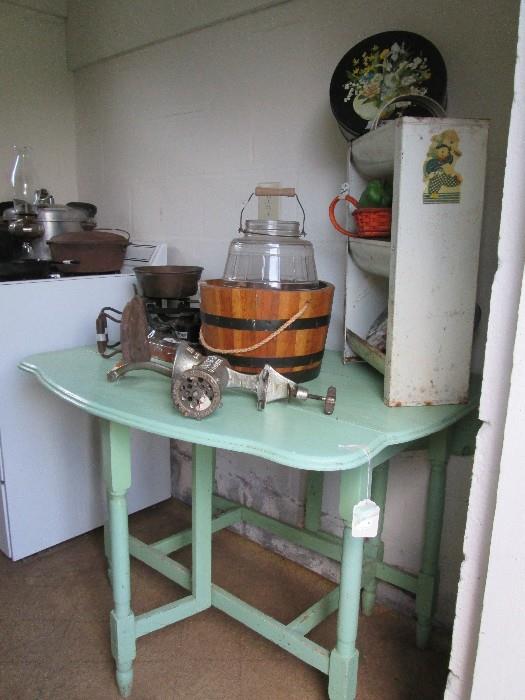 Vintage gate leg kitchen table, Vintage vegetabl bin,