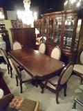 FRENCH STYLE DINING TABLE WITH 10 OVAL BACK CHAIRS AND 2 LEAVES, MATCHING CHINA CABINET AND SIDEBOARD SOLD SEPARATELY