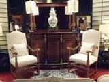 PAIR FRENCH RENAISSANCE STYLE ARMCHAIRS WITH WHITE AND GOLD UPHOLSTERY