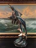 BRONZE SCULPTURE, LEAPING DOLPHINS,  PATINATED FINISH 