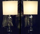 PAIR MODERN DESIGN CRYSTAL AND CHROME TABLE LAMPS WITH SQUARE SHADES