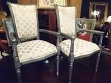 PAIR LOUIS XVI STYLE ARMCHAIRS IN SILVER GRAY FINISH