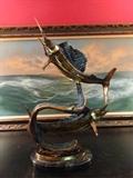 BRONZE SCULPTURE, 2 LEAPING SAILFISH, IN GOLD AND BLUE PATINATED BRONZE