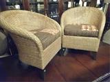 PAIR SHELL BACK RATTAN ARMCHAIRS