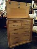 WOOD CRAFT OR SEWING CABINET ON CASTERS, FELT LINED DRAWERS