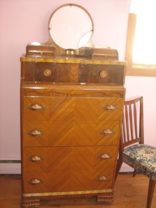 ANTIQUE LATE 40'S EARLY 50'S. CHEST OF DRAWERS W/MIRROR 34"wide by 20 " deep overall 72" high AND SMALLER DRESSER. 46"wide 22" deep by 36" high $225 EA