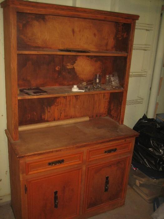 VINTAGE OLDER HUTCH. GREAT REFINISHING PROJECT. BASE 43.5" WIDE 19" deep. 33" high - overall height 73" $175