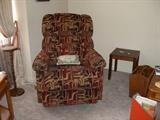 swivel rocker recliner, pedistal stand, small walnut end table, magazine rack