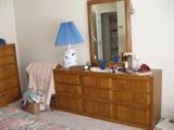 dresser w/ mirror, hand blown glass lamp