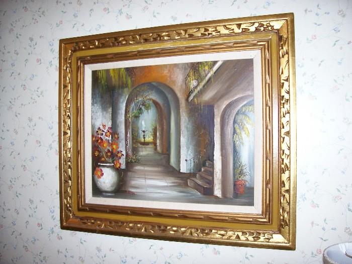 Original oil on board painting of French Quarter courtyard.