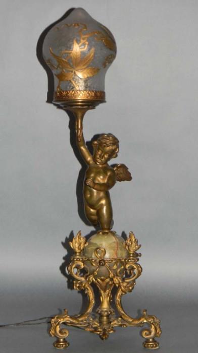 Dore Bronze, Alabaster and Glass Lamp with a Triumphant Cherub
