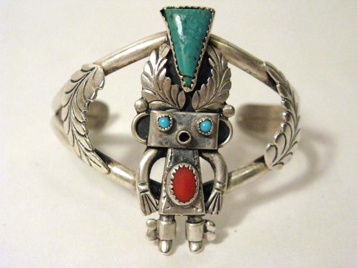 Signed Hopi Kachina Cuff with Turquoise and Coral