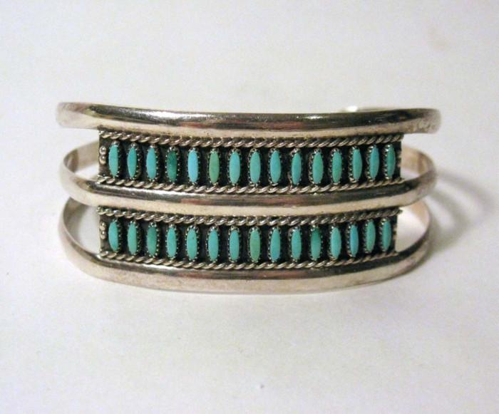 Signed Zuni Petit Point Turquoise and Sterling Cuff Bracelet