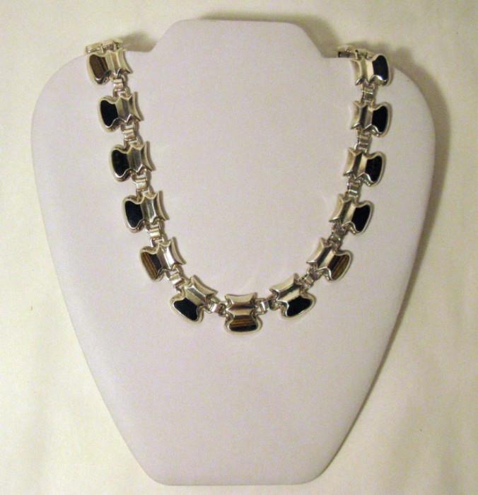 Taxco Sterling Modernist Necklace with Onyx and Tiger's Eye