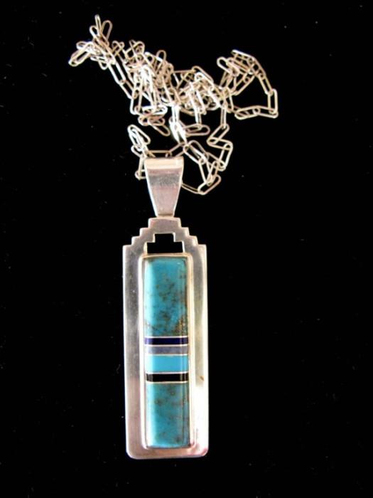 Herb and Veronica Thompson Navajo Pendant and Chain with Turquoise and Onyx