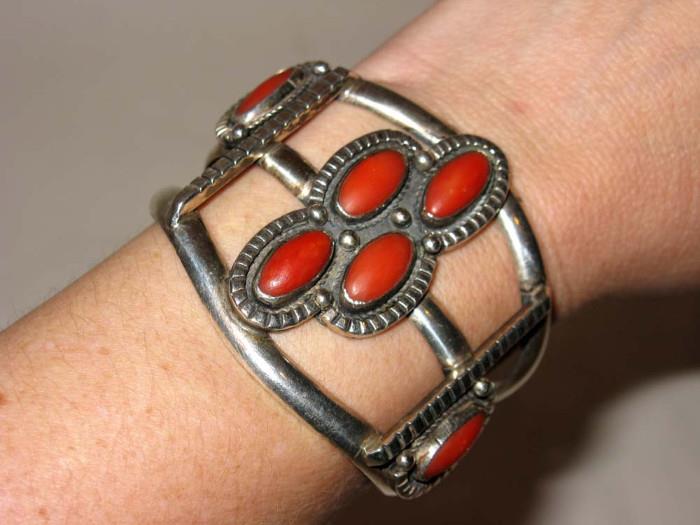 Sterling and Coral Cuff Bracelet