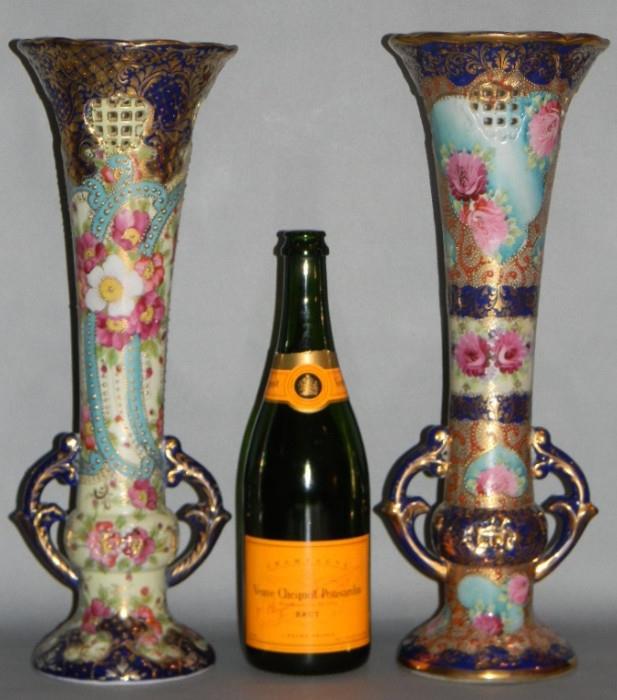 The Most Outstanding Pair of Japanese Kutani / Nippon Double Handled Trumpet vases you will ever see.