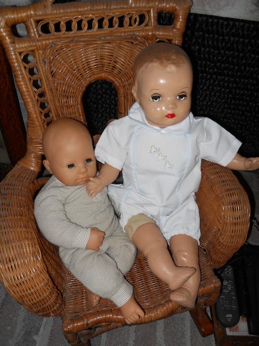 Antique Dolls, Boys, in Wicker High Chair