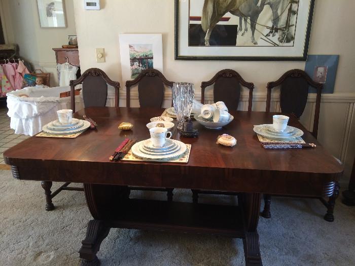 Vintage Dining Room Table with 6 Chairs, Fine China Setting for 4 and separate pieces. Tall Crystal Vase. Collectibles, Chinese Decorations. Horse Picture on the Wall with Authentication.