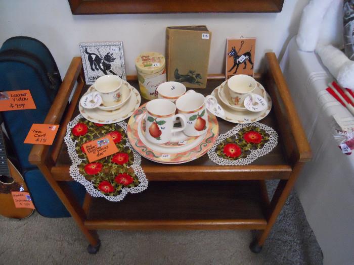 Roll Tea Cart with Bunnykins Tea Set, Dog Ceramics, Red Doilies and Apricot Mugs and Plates