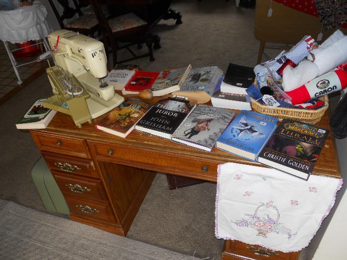 Berninia Sewing Machine, Several Books, Knitting Items, Old Desk