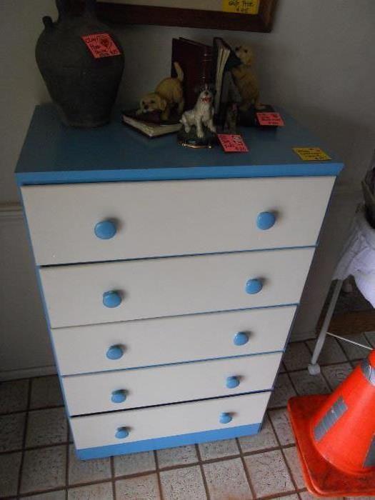 5 Drawer Blue Chest with Dog Book Ends and Moon Shine Jug