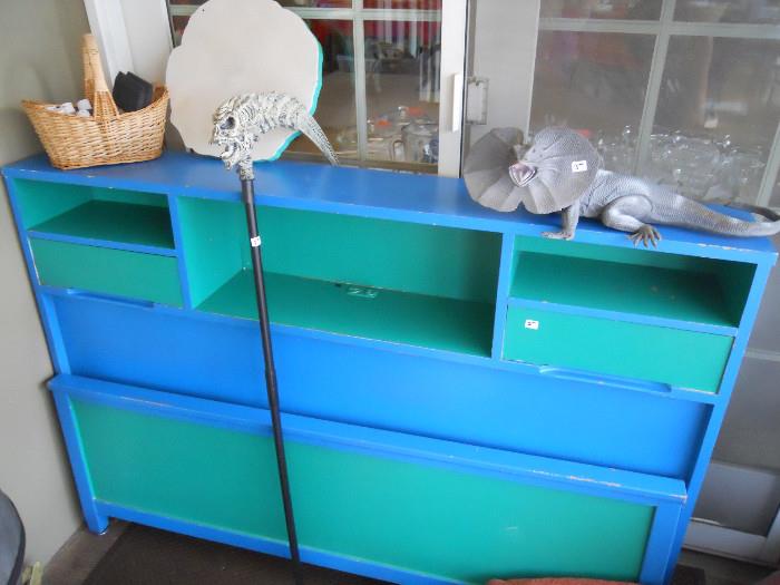 Blue and Green Headboard, Book Shelf, Dinosaur, Skeleton Pole and Basket