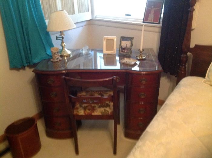 Curved front leather top desk w/custom glass top