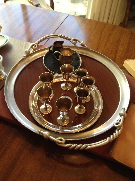 Pewter trays, silver-plated aperitif and cream and sugar